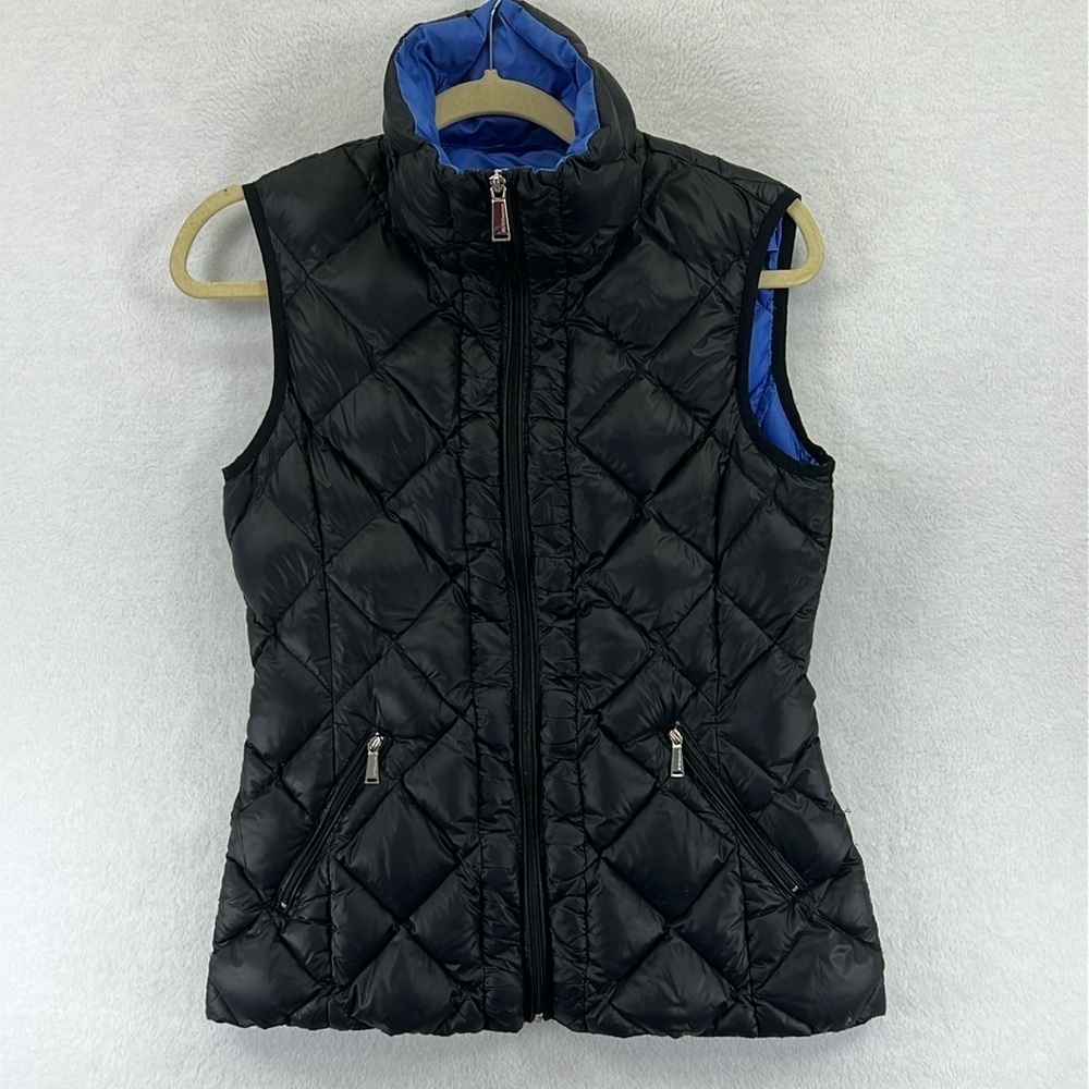 BCBG Generation Down Vest Sz S Black/Blue Front Zip Inside/Outside Pockets EUC